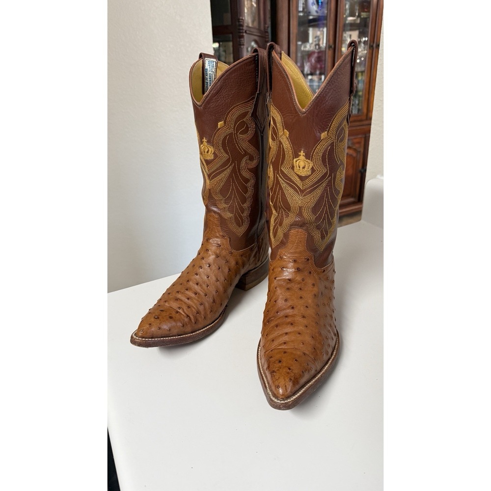VTG Men's 7.5 D Full Quill Ostrich Cowboy Boots Brown Crown Stitch Mexico